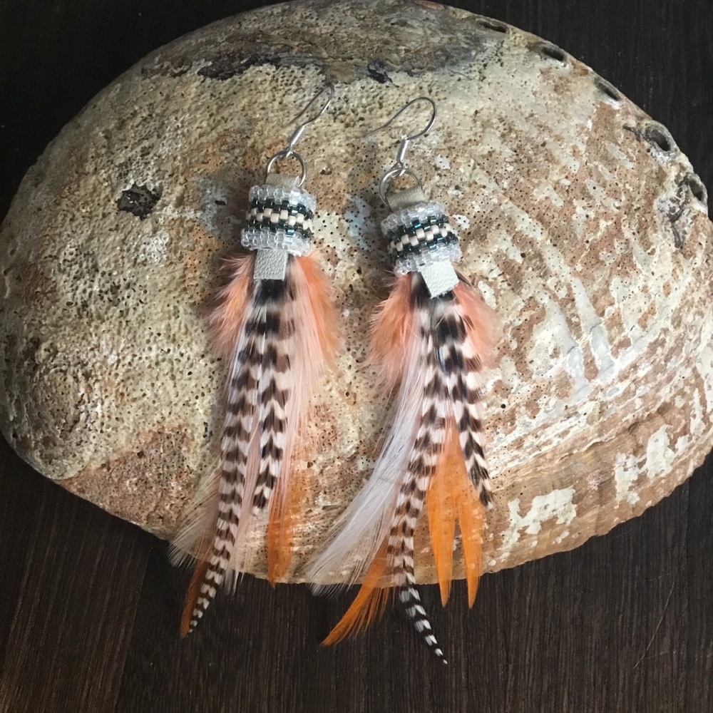 Handcrafted Boho Peyote Beaded Feather Earrings - Tribal Jewelry